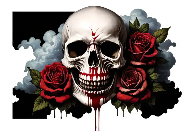 realistic back and white skull with blood in dark goth style with clouds and roses tattoo design idea