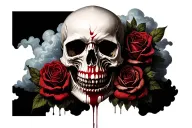 realistic back and white skull with blood in dark goth style with clouds and roses tattoo design idea
