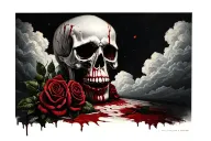realistic back and white skull with blood in dark goth style with clouds and roses tattoo design idea