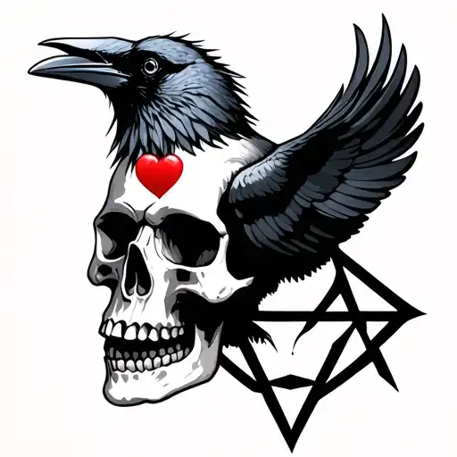 crow on a skull with the heartagram tattoo design idea