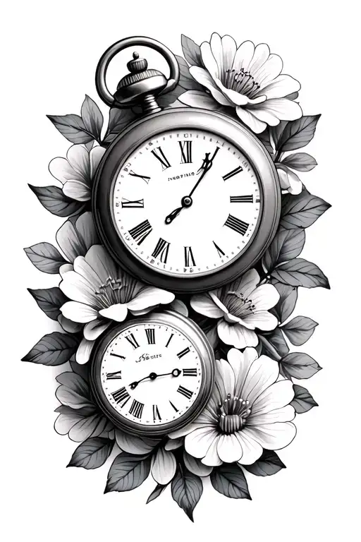 I would like 3 pocket watches surrounded by 3 flowers tattoo design idea