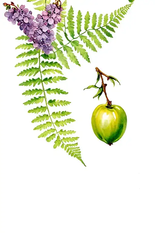 A twig of a gooseberry and a twig of lilac on the background of a fern tattoo design idea