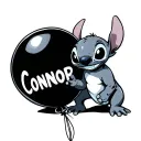 Stitch holding a ballon with the name Connor on it tattoo design idea