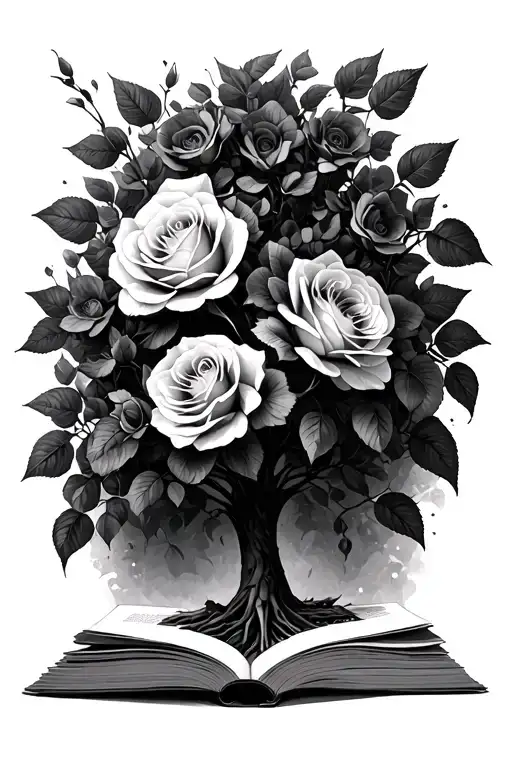 roses tree book open in front tattoo design idea