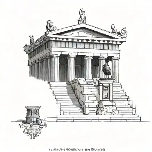 An architectural blueprint of a Greek temple with an owl perched on top, combining the client's interests in architecture and Greek mythology tattoo design idea