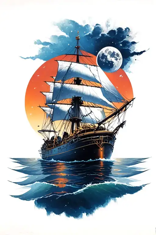 seaman sailing ship cyberpunk 3 moons tattoo design idea