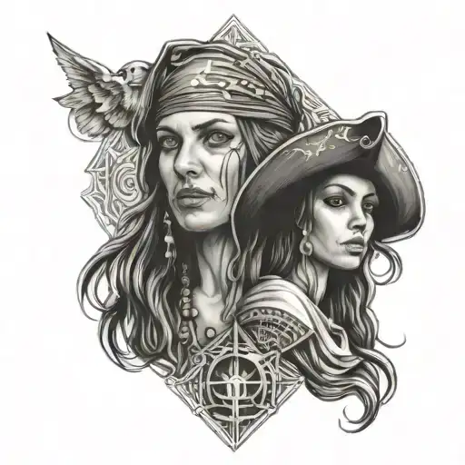 fine line geometric micro realism pirate gypsy women binary genetic flow negative space tattoo design idea