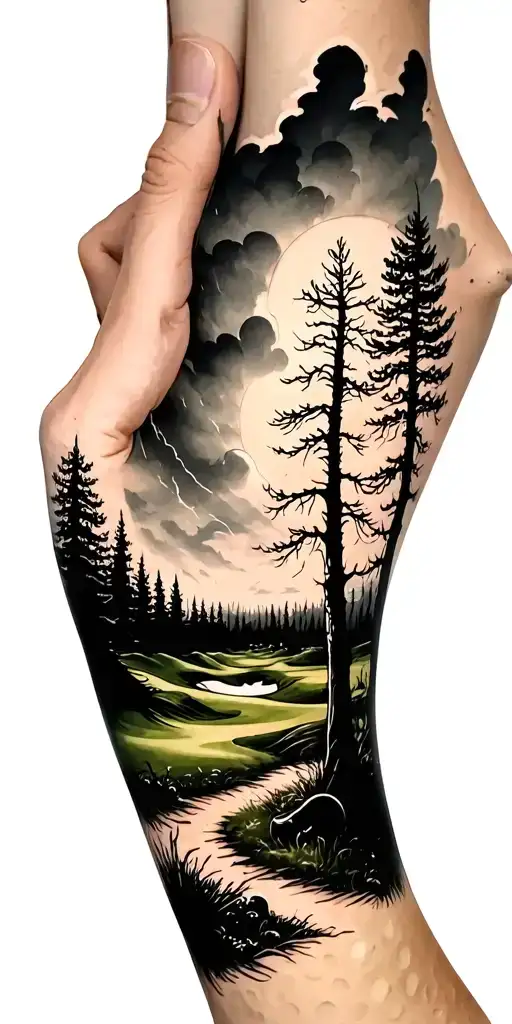 creepy forest scene with stormy sky golf course golf ball tattoo design idea