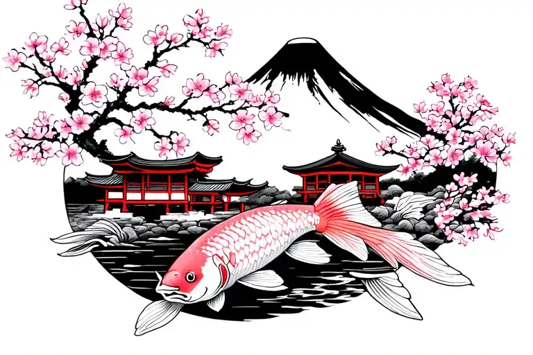 Cherry blossoms, Shinto shrine, Mount Fuji, koi carp tattoo design idea