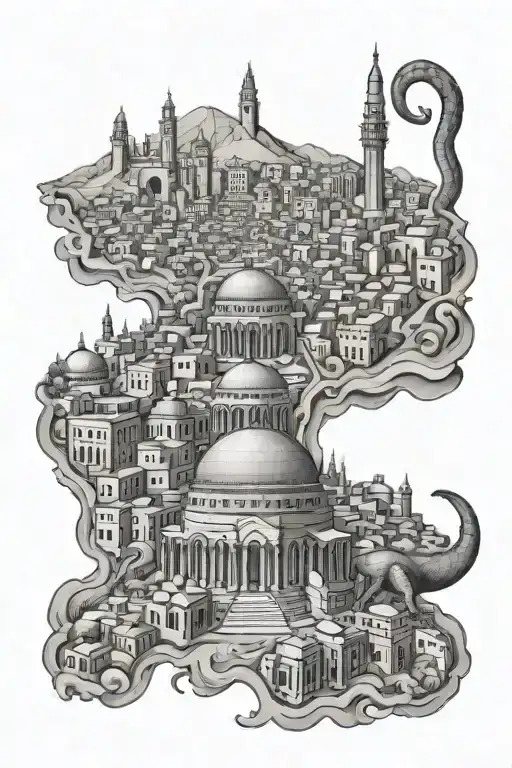 A detailed tattoo of Amman, Jordan with a scorpion hidden within the cityscape tattoo design idea