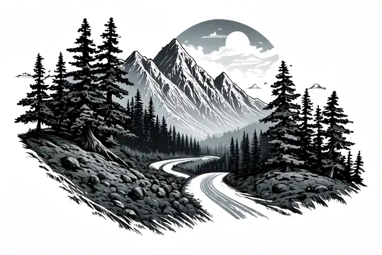 mountains with trees and road winding tattoo design idea