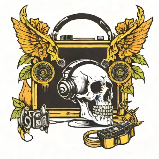 Skull, Headphones, boom box, cassett tape, old school mic tattoo design idea