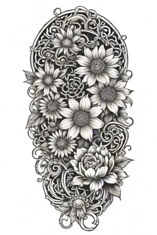 An intricate tattoo with a chain of daisys cosmos flowers and roses tattoo design idea