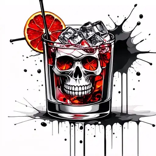 an old-fashioned cocktail with skull ice cube tattoo design idea