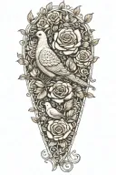 zentangle drawing of a seated dove and roses growing tattoo design idea