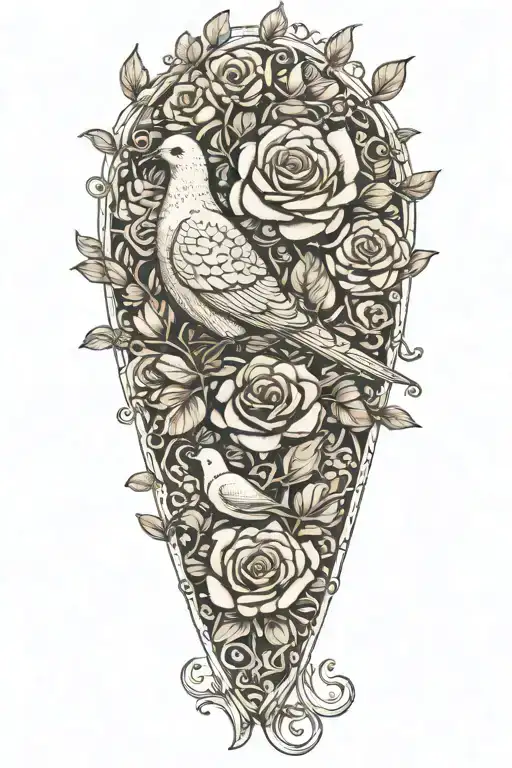 zentangle drawing of a seated dove and roses growing tattoo design idea