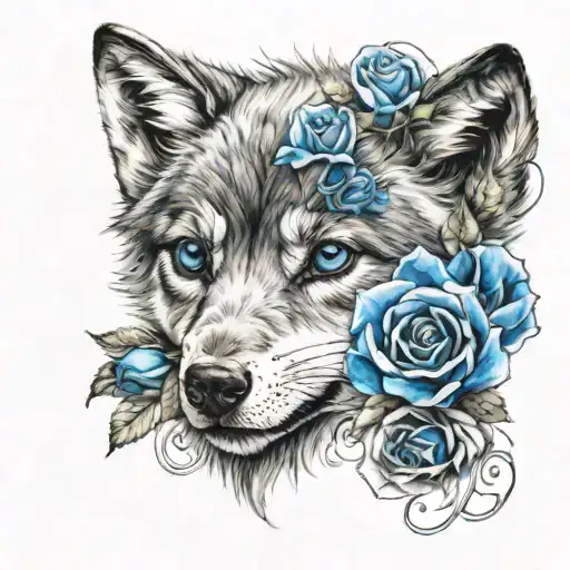blue roses wrapped around a baby wolf  tattoo design idea