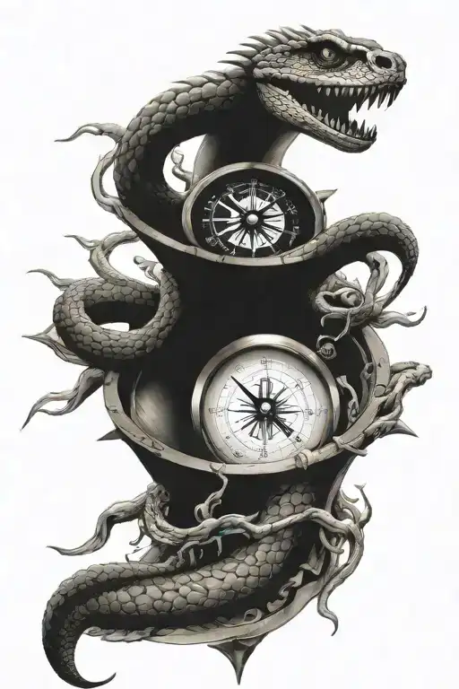 snake skeleton slivering on a compass design tattoo design idea
