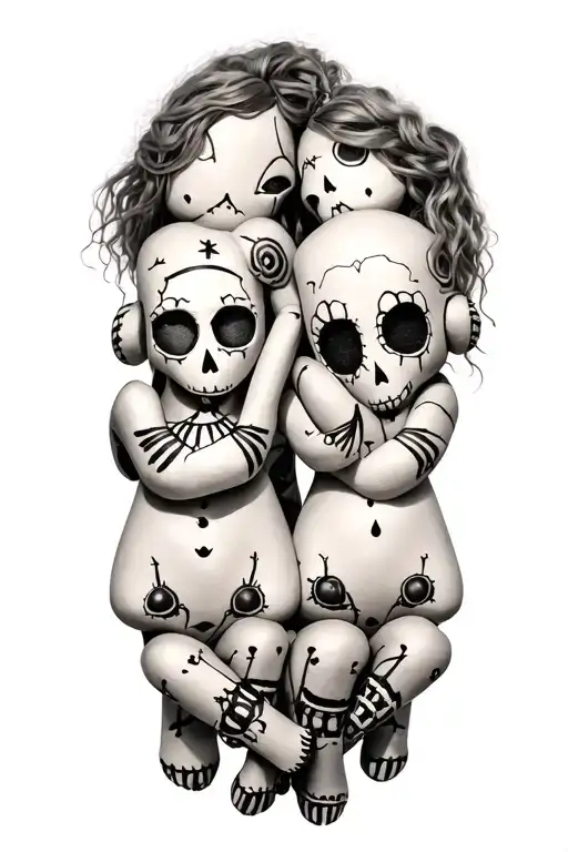 three voodoo doll sitting side by side tattoo design idea