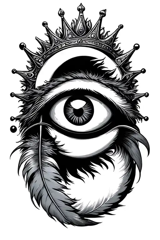 sun, moon, evil eye, feather and crown of king surrounded tattoo design idea