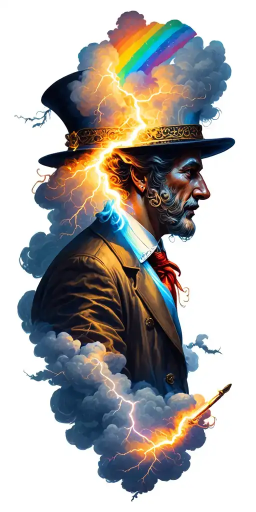 rainbow, magician, storm clouds with lightning tattoo design idea