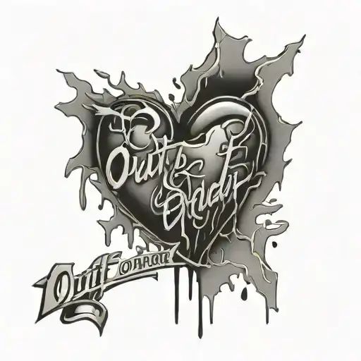 black bleeding shattered heart with script 'out of order' tattoo design idea