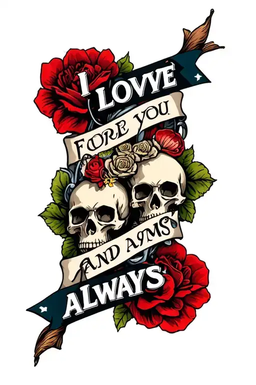 "I love you forever and always" skulls, fishing pole intertwined tattoo design idea