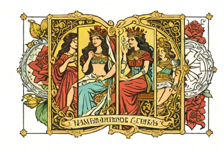 tarot three card spread of the wounded princess, the warrior queen, and the divine empress tattoo design idea