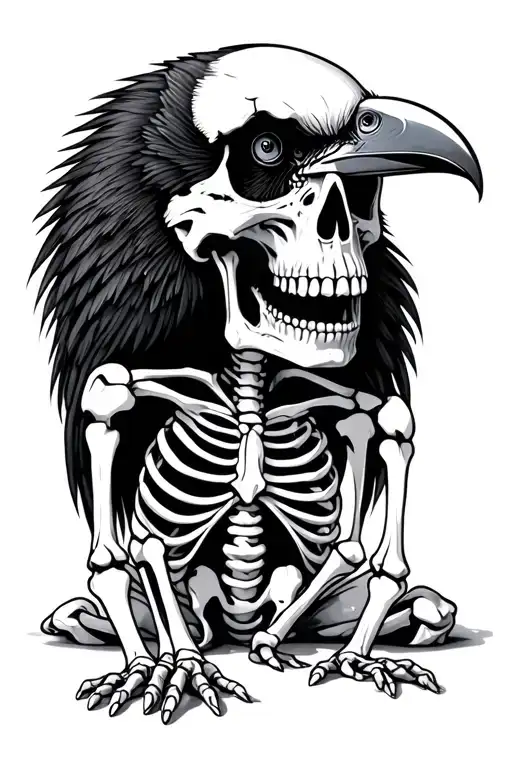 black and white ink illustration of a small humanoid skeleton with a crow skull head and four fingers, lying face down o tattoo design idea