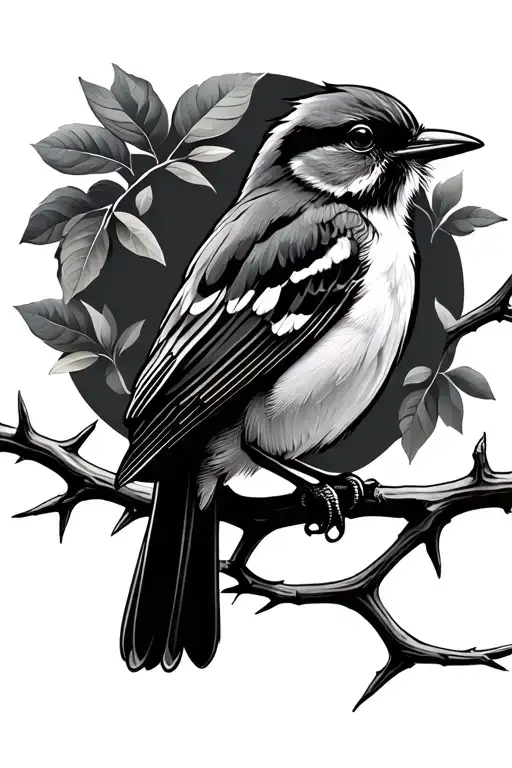 Shrike Bird on thorn branch thin lines tattoo design idea