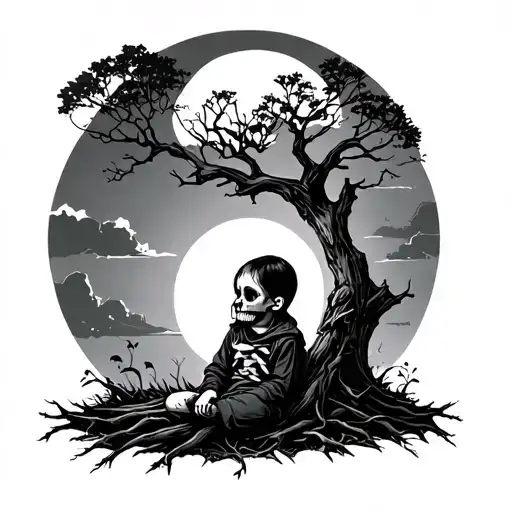 skull, tree, lonely child sitting tattoo design idea