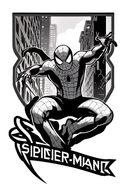spiderman logo with spiderman swinging above Richmond, Virginia tattoo design idea