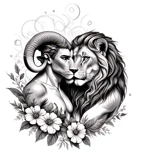 detailed fine line tattoo depicting love and romance between a male Aries ram and a female Leo lioness with flowers tattoo design idea