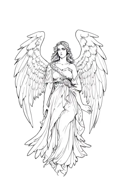 Fallen Angel, a sketch of tattoo, black white, in the style of an emergency and Renaissance tattoo design idea
