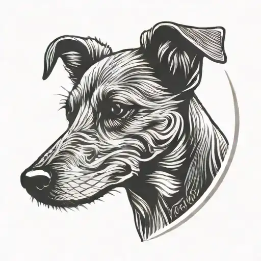 Create a round minimalistic tattoo for a dog memorial with the name Mocha and an outline of a Schnoodle breed dog head tattoo design idea