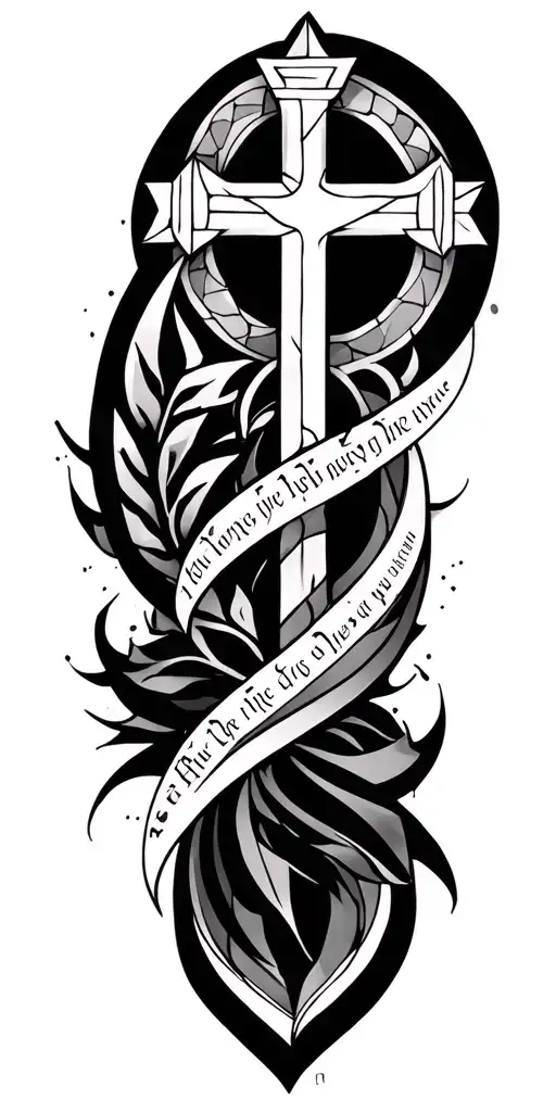 Christian cross, geometric mandala filler, Hebrew scripture tattoo design idea