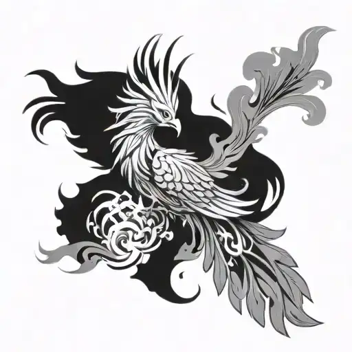 A majestic phoenix rising from the ashes, fiery wings, intricate feathers, glowing embers. tattoo design idea