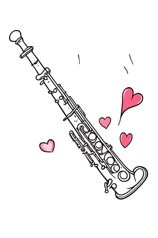 a stylized clarinet inside a painting with a little heart on the side tattoo design idea