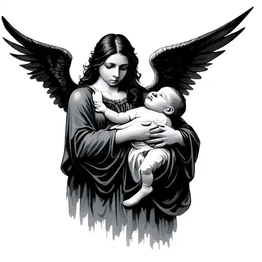 evil angel holding baby shushing to sleep  tattoo design idea