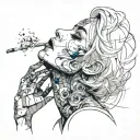 Sexy girl, Huge cleavage, petite, torn clothing, short white bob hairstyle, smoking a cigarette in mouth, side view tattoo design idea