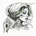 Sexy girl, Huge cleavage, petite, torn clothing, short white bob hairstyle, smoking a cigarette in mouth, side view tattoo design idea