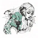 Sexy girl, Huge cleavage, petite, torn clothing, short white bob hairstyle, smoking a cigarette in mouth, side view tattoo design idea