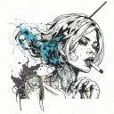 Sexy girl, Huge cleavage, petite, torn clothing, short white bob hairstyle, smoking a cigarette in mouth, side view tattoo design idea