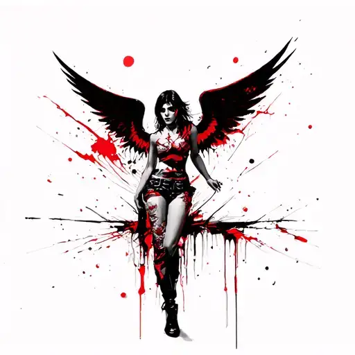  female angel; punk clothing, torn, revealing portions of butt, waist, and other skin.  tattoo design idea