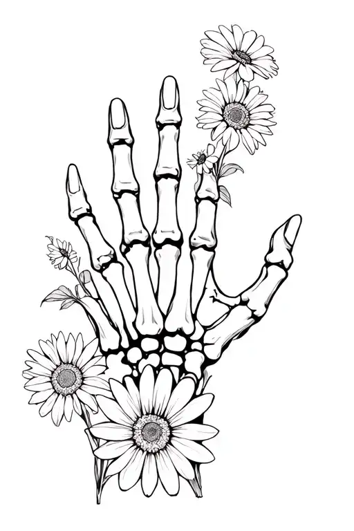Please make a fine line tattoo of a normal hand, a skeleton hand a flowers, put a daisy  tattoo design idea