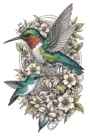 Hummingbird surrounded by flowers tattoo design idea