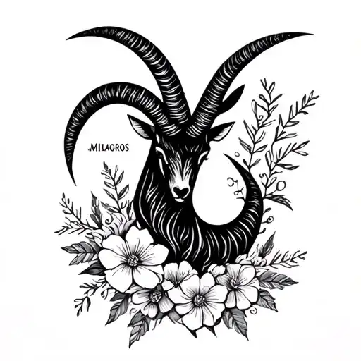 A stylized Capricorn symbol intertwined with January flowers, with the name 'Milagros' subtly incorporated into the design tattoo design idea