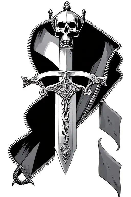 a zipper opening and a Knight templar sword showing from inside. The sword has a skull wearing a crown tattoo design idea