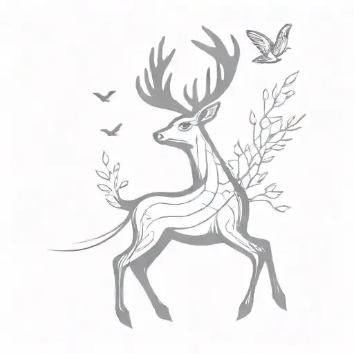 deer with three little birds flying nearby tattoo design idea