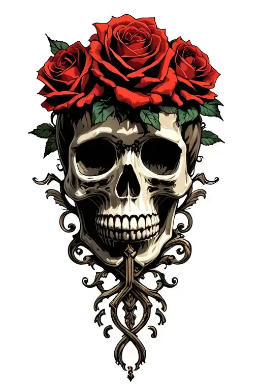 skull and roses intertwined tattoo design idea